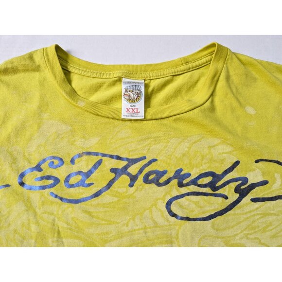 Vintage Ed Hardy Shirt Mens XXL Double Dragon Yellow Christian Audigier - Picture 3 of 10